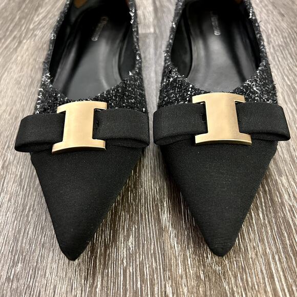 C. Paravano Aida Tweed Pointed Toe Flats Black Gold Metal Bow US 9 Workwear EUC - Picture 3 of 16